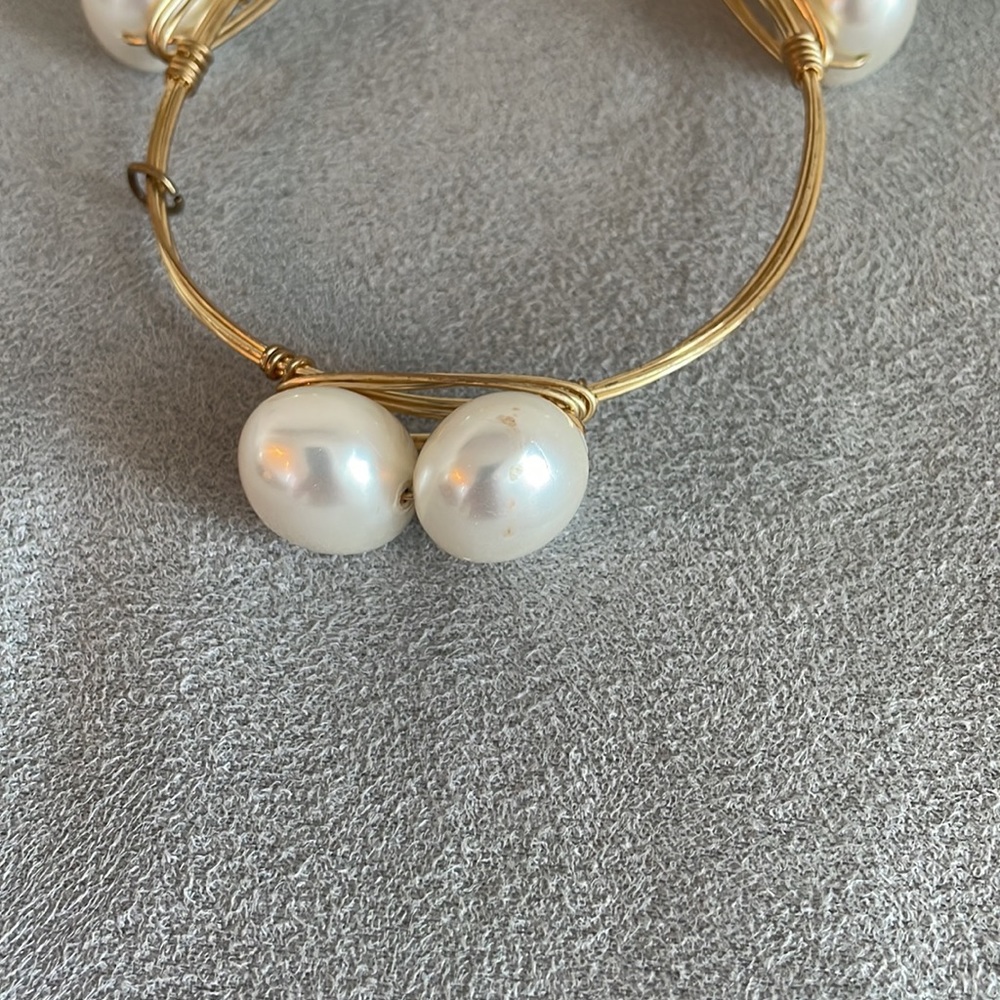 Double Pearl Wire Wrapped Gold Bangle Bracelet - Picture 4 of 6